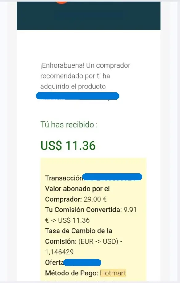 Captura de comisión de [11.36€] obtenida con Partner 360