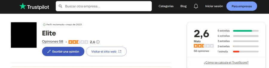 Valoración de 2.6 sobre 5 del perfil antiguo de Elite del Trading en Trustpilot