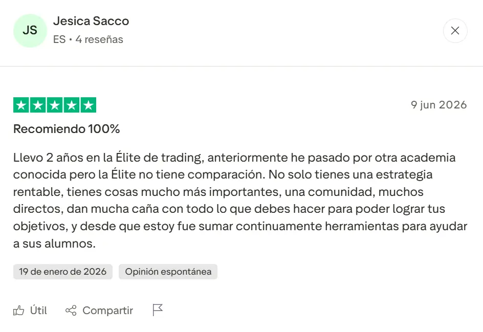 Opinión positiva de alumna con 2 años de experiencia en Elite del Trading