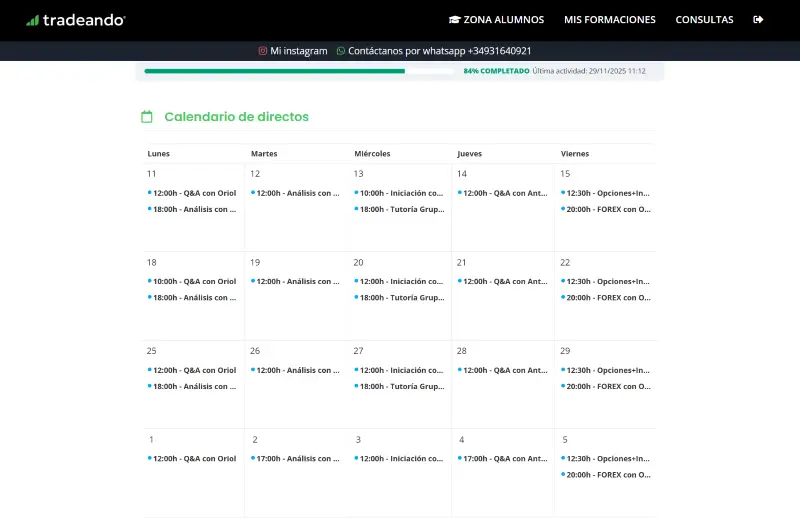 Zona de alumnos de Tradeando con calendario de sesiones en directo