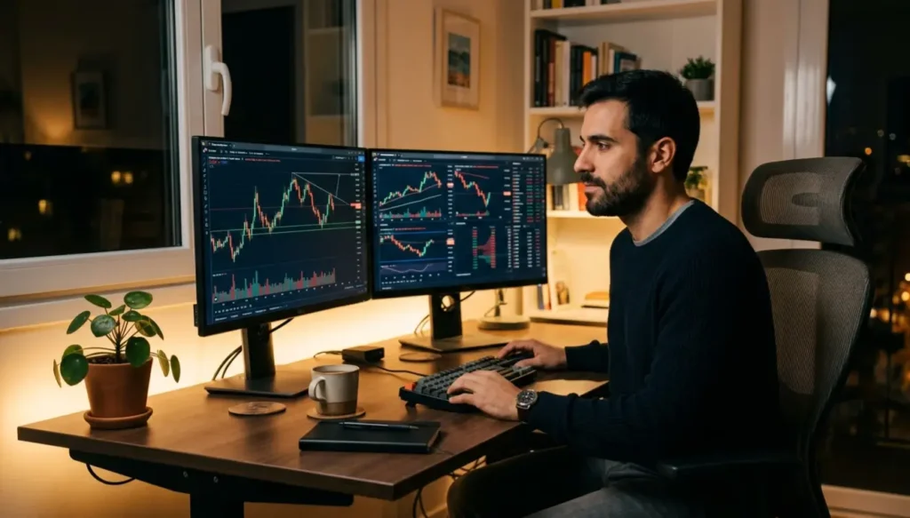Trader analizando gráficos de trading en dos monitores por la noche