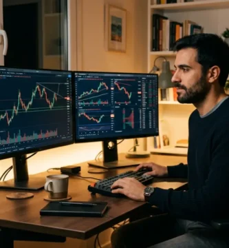 Trader analizando gráficos de trading en dos monitores por la noche