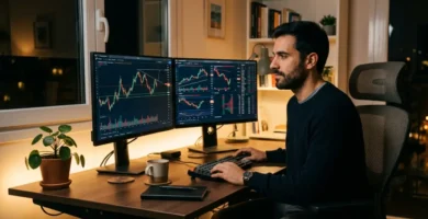 Trader analizando gráficos de trading en dos monitores por la noche
