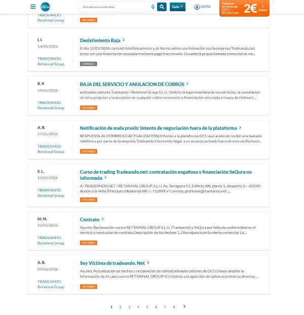 Reclamaciones contra Tradeando en la plataforma de la OCU