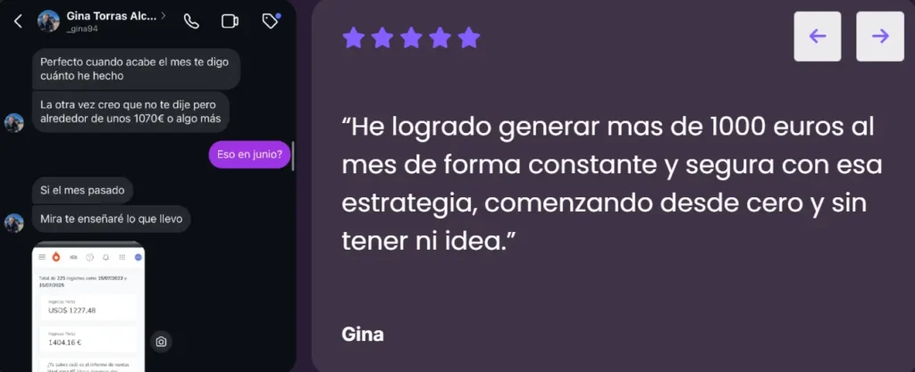 Testimonio de Gina generando más de 1.000 euros al mes con Monetizagram de Fabio Serna