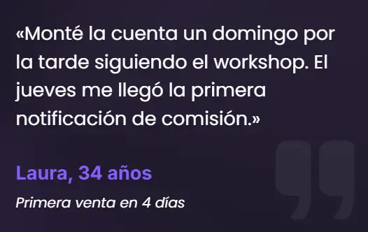 Testimonio de Laura con su primera comisión en 4 días siguiendo Monetizagram