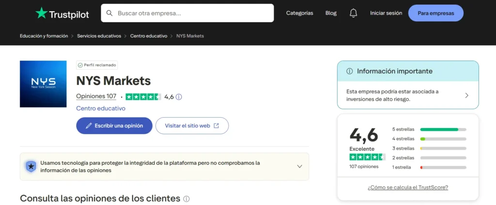Opinión NYS Markets Trustpilot 4.6 de 5 estrellas 2026