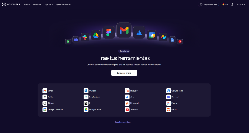 Hostinger conecta con herramientas externas para agentes IA - Gmail, Notion, Discord, GitHub y más
