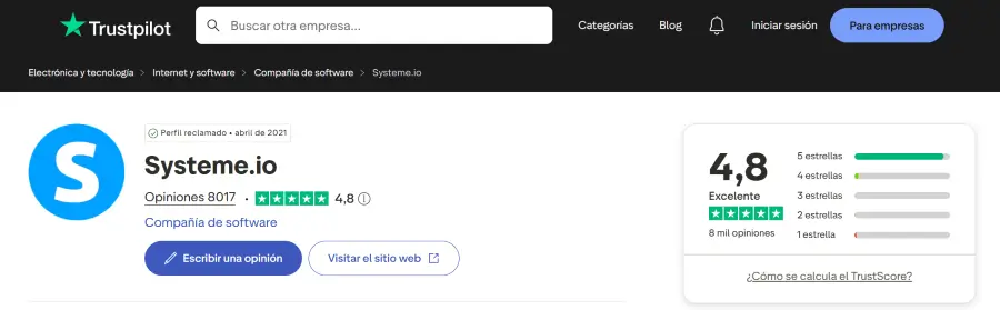 Valoración de Systeme.io en Trustpilot con más de 8.000 opiniones verificadas