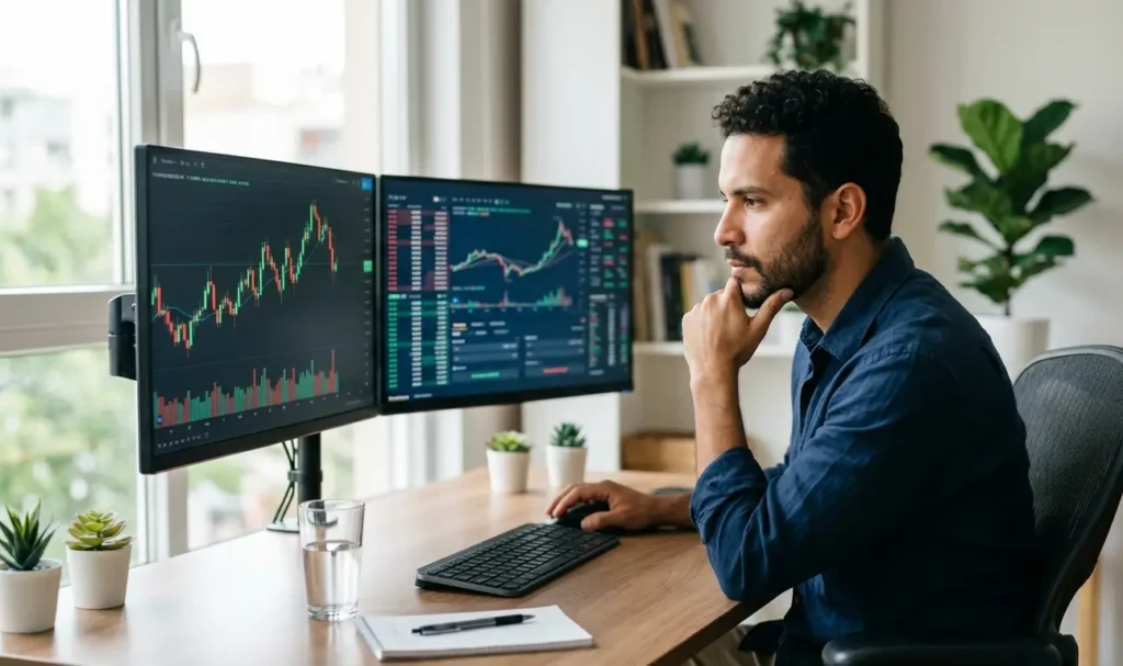 Trader hispanohablante comparando opciones de cuentas fondeadas antes de elegir su primera prop firm