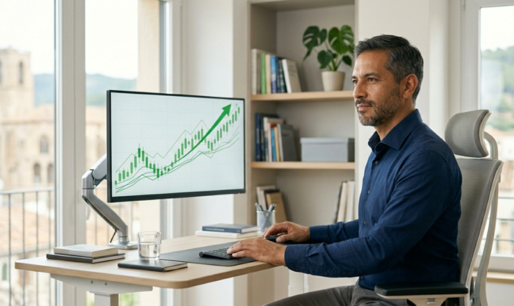 Trader decidido frente a gráficos positivos listo para empezar con su primera cuenta fondeada