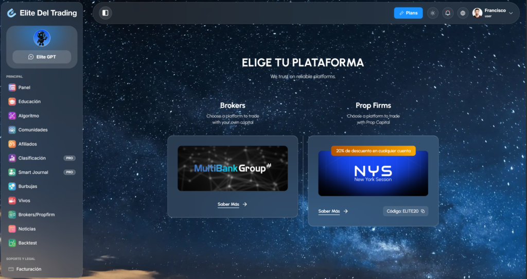 Brokers y prop firms recomendados en Elite del Trading, incluyendo NYS