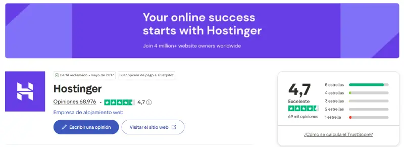 Valoración de Hostinger en Trustpilot - 4,7 sobre 5 con casi 69.000 opiniones verificadas