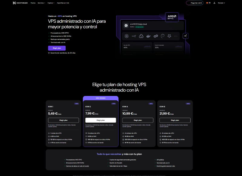 Planes VPS de Hostinger 2026 administrados con IA - KVM 1, KVM 2, KVM 4 y KVM 8 desde 5,49 euros al mes