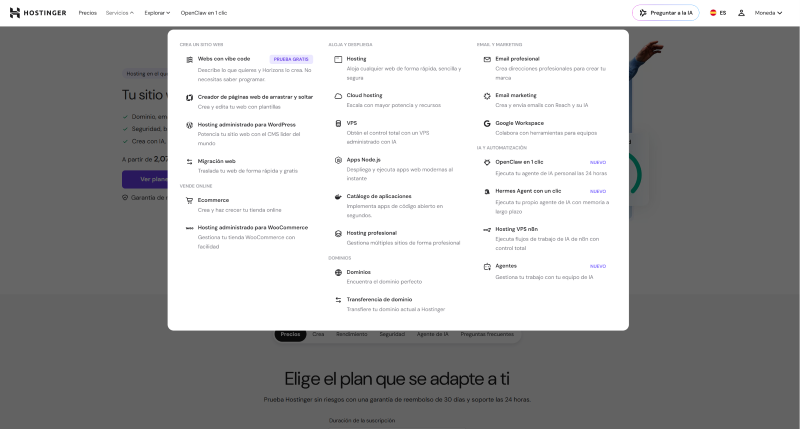 Menú de servicios de Hostinger 2026 - hosting, VPS, OpenClaw, Hermes Agent y automatización con IA