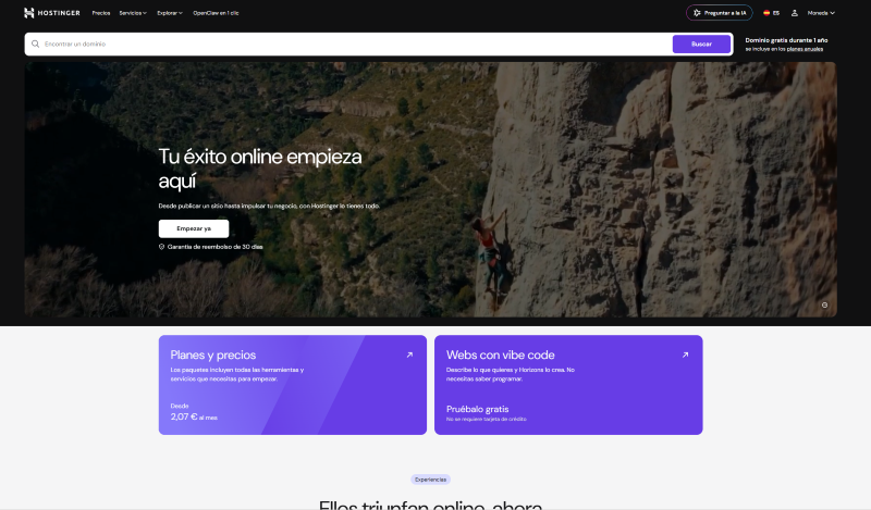 Página principal de Hostinger 2026 - plataforma de alojamiento web con garantía de reembolso de 30 días