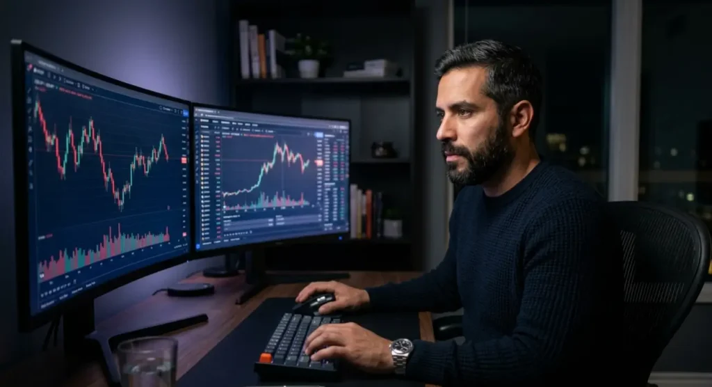 Trader hispanohablante operando en prop firm desde casa con gráficos de forex y cripto