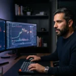 Trader hispanohablante operando en prop firm desde casa con gráficos de forex y cripto