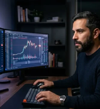Trader hispanohablante operando en prop firm desde casa con gráficos de forex y cripto