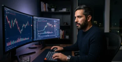 Trader hispanohablante operando en prop firm desde casa con gráficos de forex y cripto