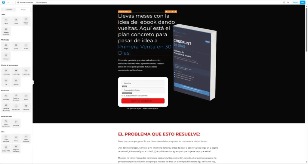 editor de página de captura en Systeme.io