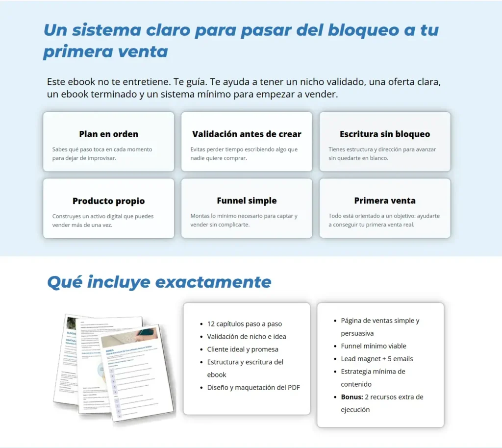 sección de beneficios en la página de venta de un ebook