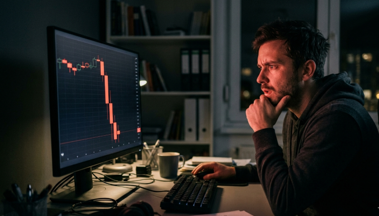 Trader observando una caída brusca en el gráfico representando el riesgo de drawdown en prop firms