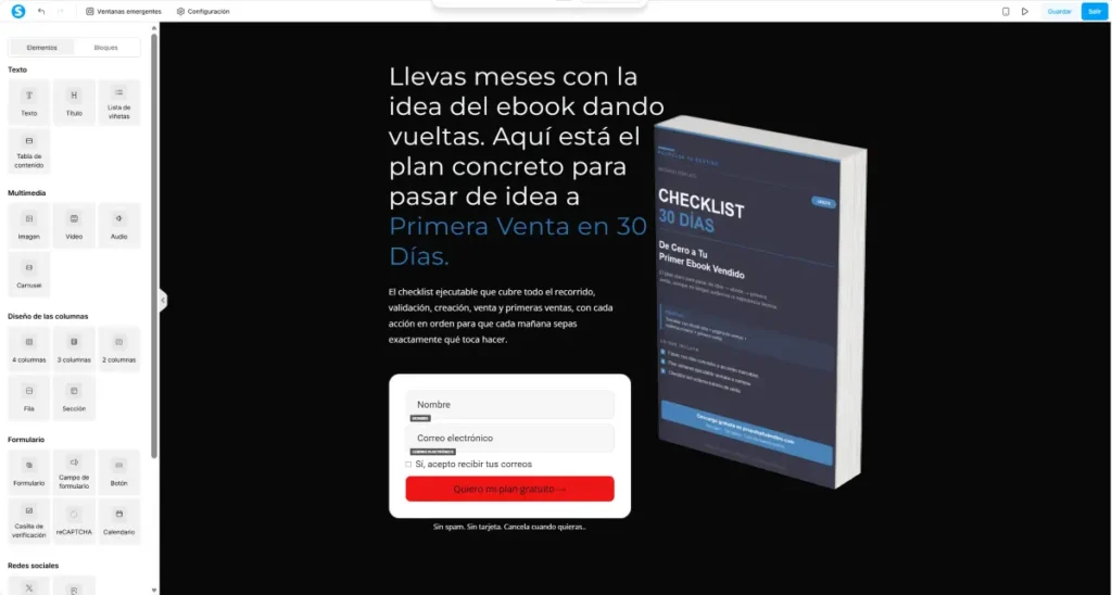 Editor visual de Systeme.io para crear landing pages arrastrando elementos