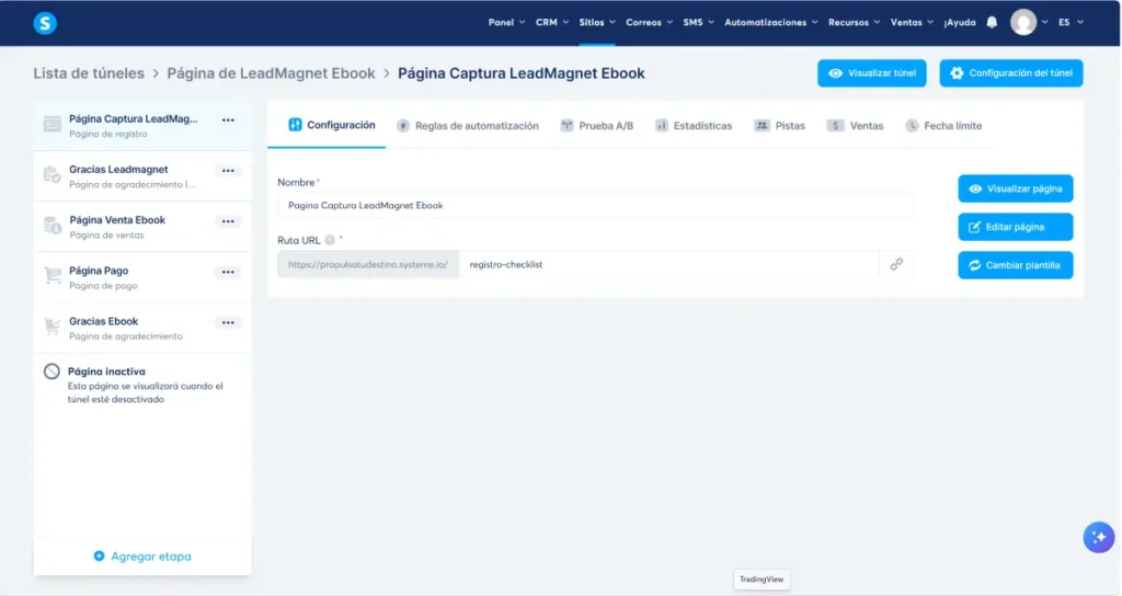 Panel de túneles de Systeme.io con las etapas del funnel de ventas
